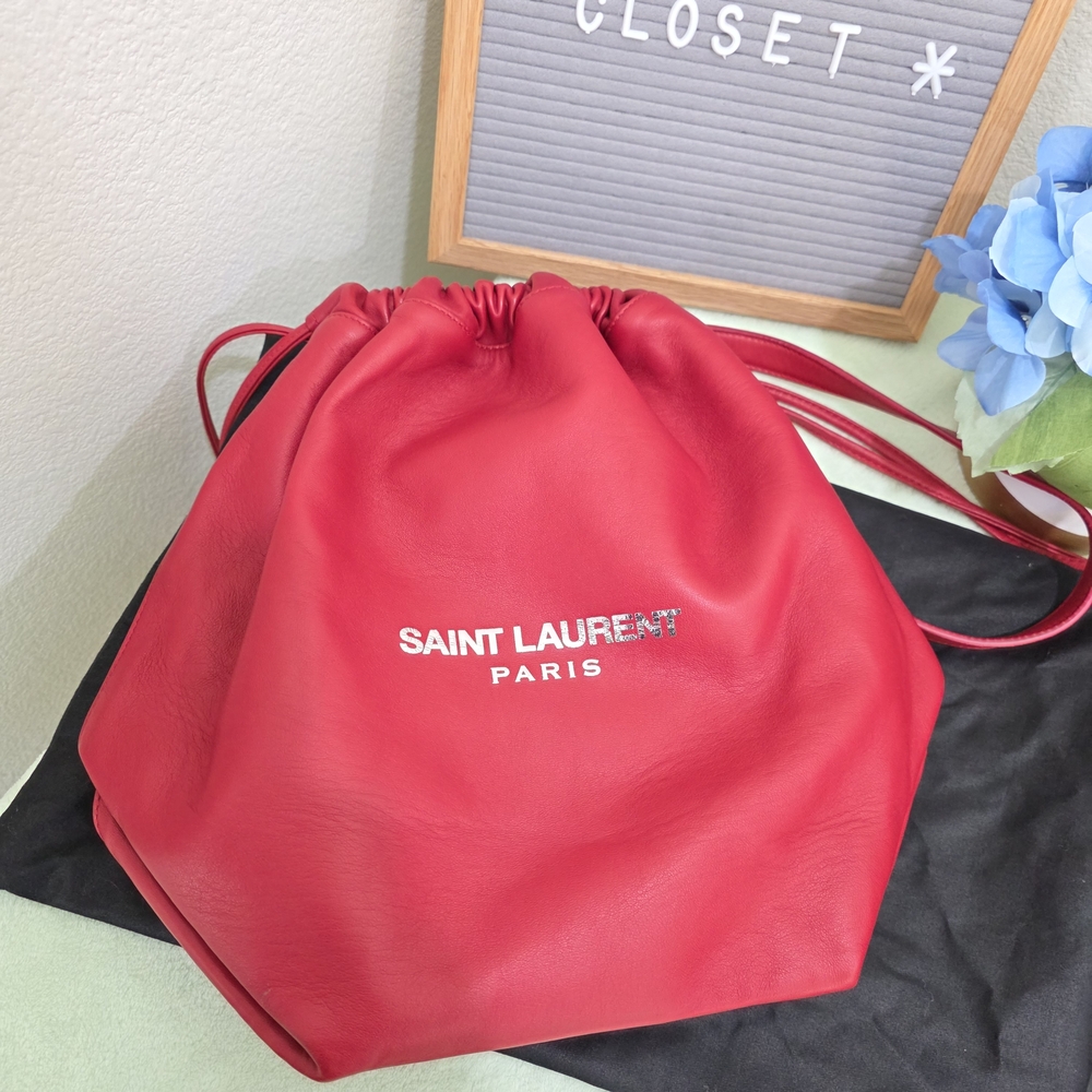Authentic YSL Red Leather Drawstring Bag, YSL bag Pochon Teddy Bucket Bag